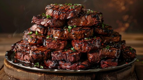 Plate with A stack of several grilled steaks. generative AI, AI generated
