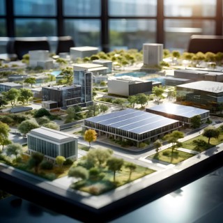 Scale model of a solar park on a polished conference table, AI generated