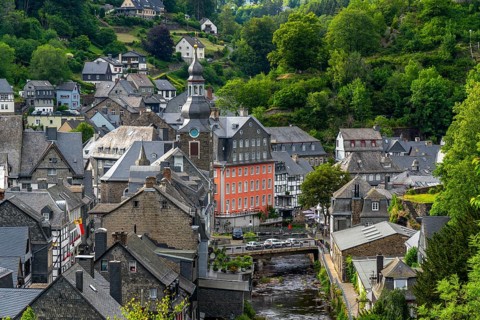 The town of Monschau, in the Eifel, on the river Rur, the Red House, North Rhine-Westphalia,
