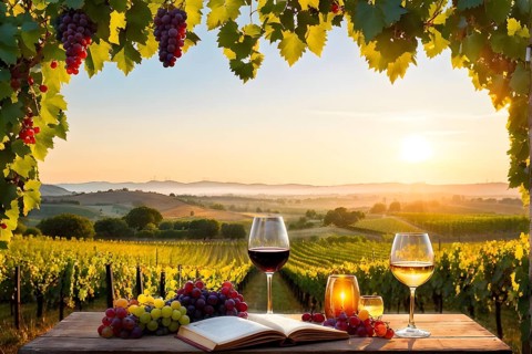 AI generated wine tasting table setup with wine and vine grapes nestled subtly amidst a thriving