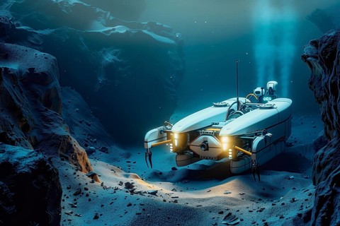 Deep sea exploration and mining in abyssal plains performed by AUV and autonomous drones, AI