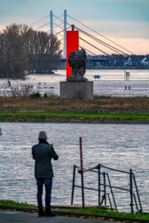 Flood on the Rhine near Duisburg, Rhine bridge Neuenkamp, old and new construction, landmark Rhine