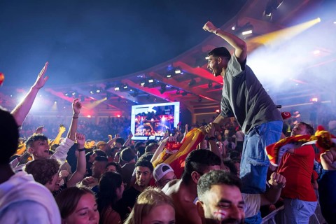 Fans of the Spanish team celebrate the European Championship title after the 2:1 victory against