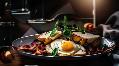 Delicious fresh eggs breakfast variety layout with all the fixings, generative AI, AI generated
