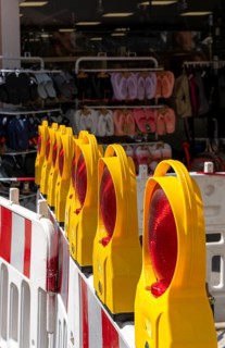 Nissen lights and warning beacons at a roadworks site, Bad Reichenhall, Bavaria, Germany, Europe
