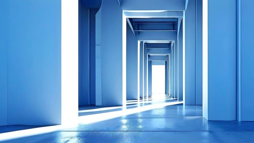Windows aligned within an elongated tunnel permeated with gradients of light blue hues, AI