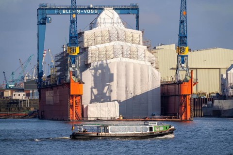 Blohm + Voss shipyard, Dock 16, scaffolded ship in dry dock, harbour tour on the Elbe, Hamburg,
