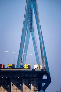 Traffic on the Köhlbrand Bridge in the port of Hamburg, spans the 325 m wide Köhlbrand, an arm of