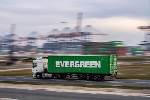 Container lorry, bringing containers to Euromax Container Terminal, the seaport of Rotterdam,