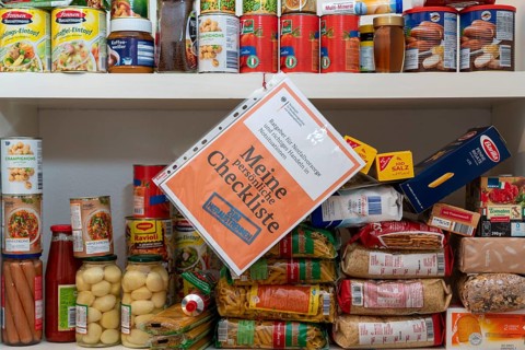 Emergency preparedness, food stock in a private household, shelf, pantry, with long-life food,