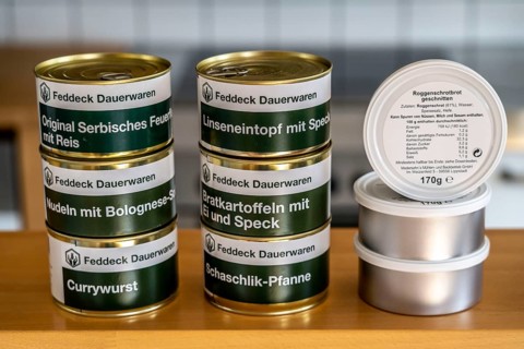 Emergency preparedness, food storage in a private household, long-life ready meals in tins, can be