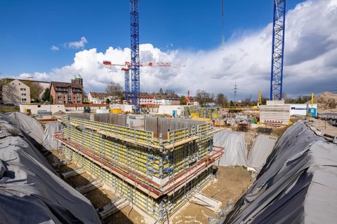 Construction site of a new residential neighbourhood, foundation of a multi-storey residential