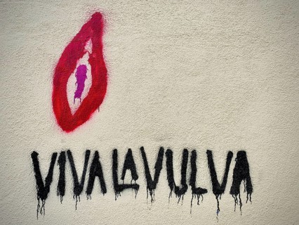 Wall art with a feminist message and eye-catching colourful design, the lettering Viva la Vulva can
