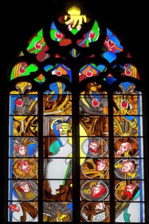 Stained glass in the cathedral of Nevers, Nievre, Bourgogne-Franche-Comte, France, Europe
