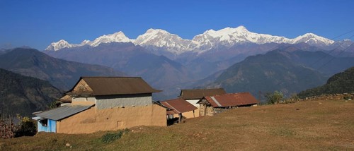 Farmhouses near Ghale Gaun and Manaslu Range, Nepal, Asia