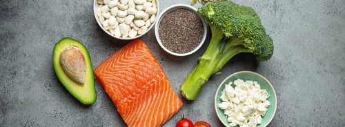 Selection of healthy food products if a person have diabetes: salmon fish, broccoli, avocado,