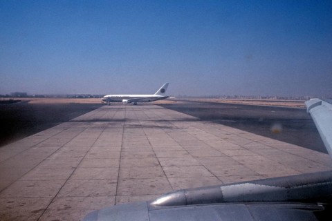 Aeroplane on the runway in perch position, airport, Cairo, Egypt, September 1989, vintage, retro,