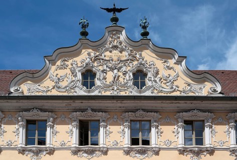 Haus zum Falken, façade and gable in rococo style, detail, Oberer Markt, Würzburg, Lower Franconia,