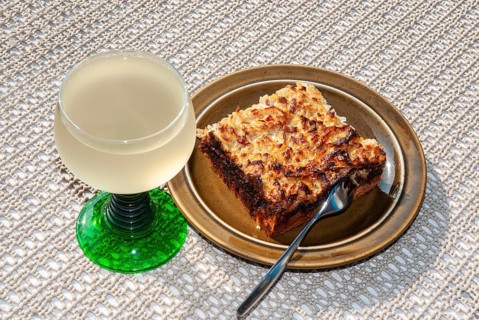 Zwiebelkuchen and Federweisser - onion pie and fermented wine must, a traditional dish in the Rhine
