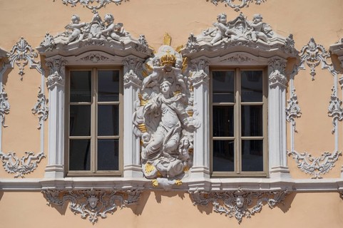 Haus zum Falken, façade in rococo style, detail, Oberer Markt, Würzburg, Lower Franconia, Bavaria,
