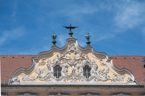 Haus zum Falken, façade and gable in rococo style, detail, Oberer Markt, Würzburg, Lower Franconia,