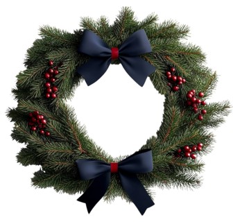 Beautifully crafted Christmas wreath with lush green pine needles, bright red berries, and a