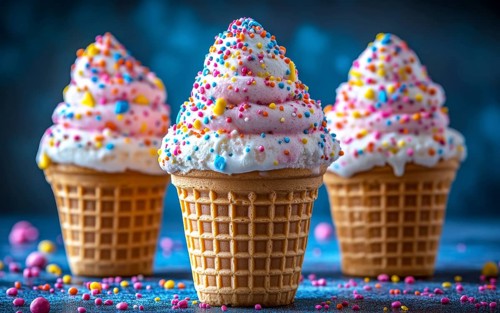 Three ice cream cones with pink and white ice cream and colorful sprinkles, AI generated