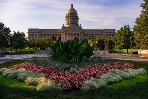 Cultivated flowers beautify the grounds around the state capital of Kentucky at Frankfort