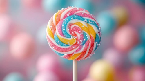 Single lollipop with swirls and sprinkles against a blurred background, AI generated
