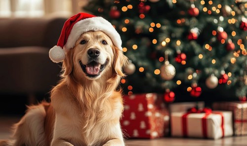 A dog wearing a Santa hat is laying on the floor in front of a Christmas tree. The dog appears to