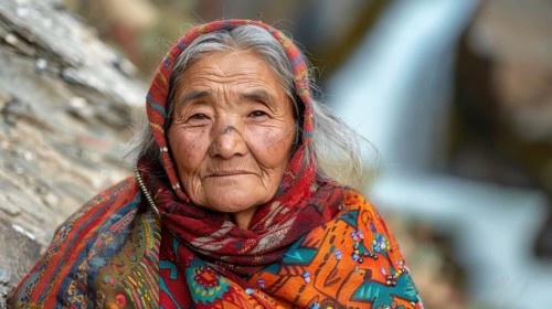 Elderly woman in traditional colorful shawl sitting by a waterfall, with a thoughtful expression,
