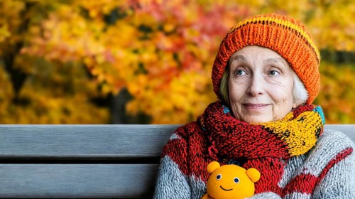 Senior citizen with orange knitted hat and cuddly toy sitting on a bench in autumn, generated with