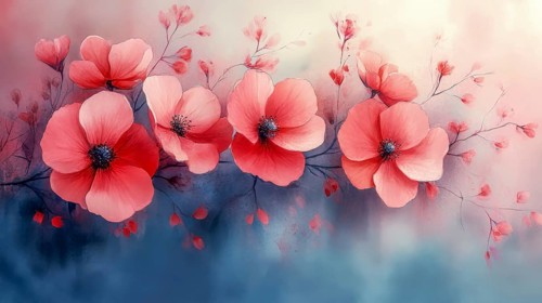 Pink flowers and buds with a blue watercolor background, AI generated