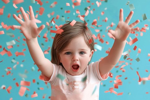An energetic child celebrating amid a dynamic confetti shower, AI generated