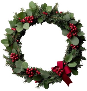 A beautifully crafted Christmas wreath with lush foliage, clusters of red berries, and a red bow