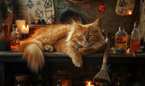 Fluffy gray cat lounging on a wooden shelf in the witches room AI generated