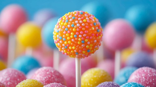 Orange lollipop with polka dots among others on a blue background, AI generated