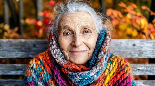 Elderly woman with colourful knitted scarf sits on a wooden bench in front of an autumnal backdrop,