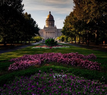 Cultivated flowers beautify the grounds around the state capital of Kentucky at Frankfort