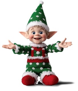A cheerful elf doll dressed in a green and red outfit with white accents, festive hat and open