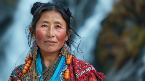 Woman dressed in traditional colorful clothes with jewelry and a blue scarf, standing near a