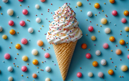 White ice cream with sprinkles on a waffle cone over a blue background with candies, AI generated