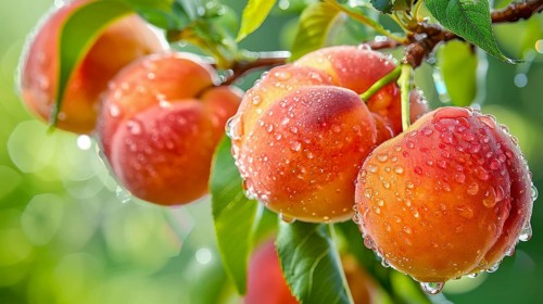 Close-up of fresh peaches with dewdrops on branches surrounded by lush green leaves in bright