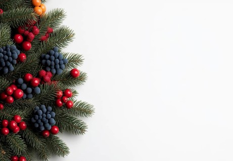 Background of a typical Christmas decoration that is composed of pine leaves, grapes, red berries,