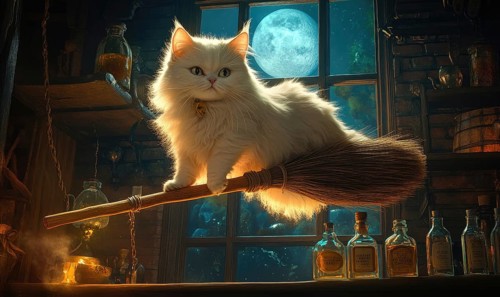 Fluffy white cat perched on a floating broomstick, broom bristles glowing faintly AI generated