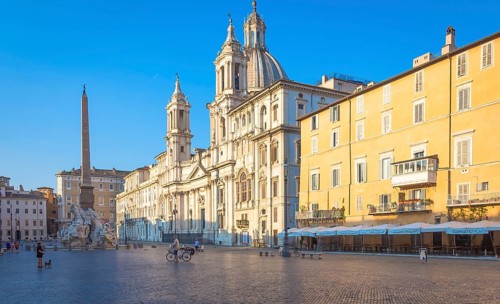 ROME, ITALY, CIRCA AUGUST 2020: Sunrise light on Piazza Navona (Navona Square) buildings