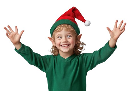 An elf in a green sweater and Christmas hat raises his arms in celebration, capturing the joy of