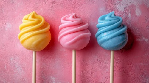 Three pastel-colored swirled lollipops on a pink textured background, AI generated