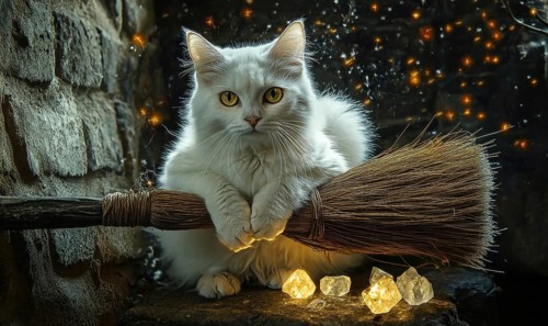 White cat with bright eyes sitting calmly on a broomstick AI generated