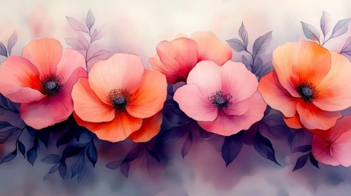Pink and orange poppies with leaves on a watercolor background, AI generated